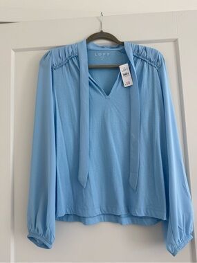 LOFT Sky Blue V-Neck Tie-Neck Long Sleeve Blouse